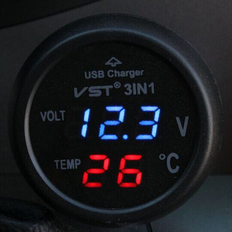 USB punjač za auto s digitalnim zaslonom – Voltmetar i termometar