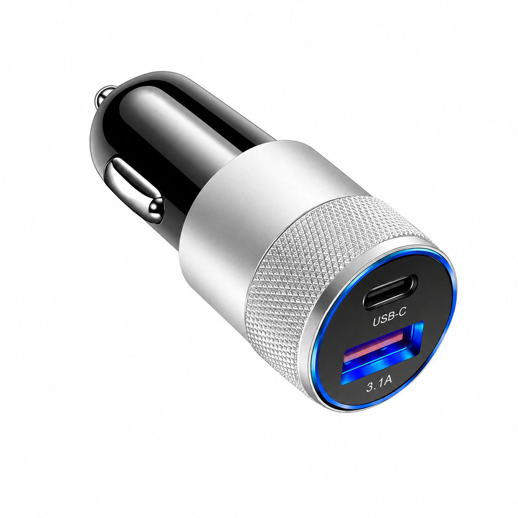 Brzi USB-C auto punjac 38W sa USB i USB-C prikljuckom srebrni