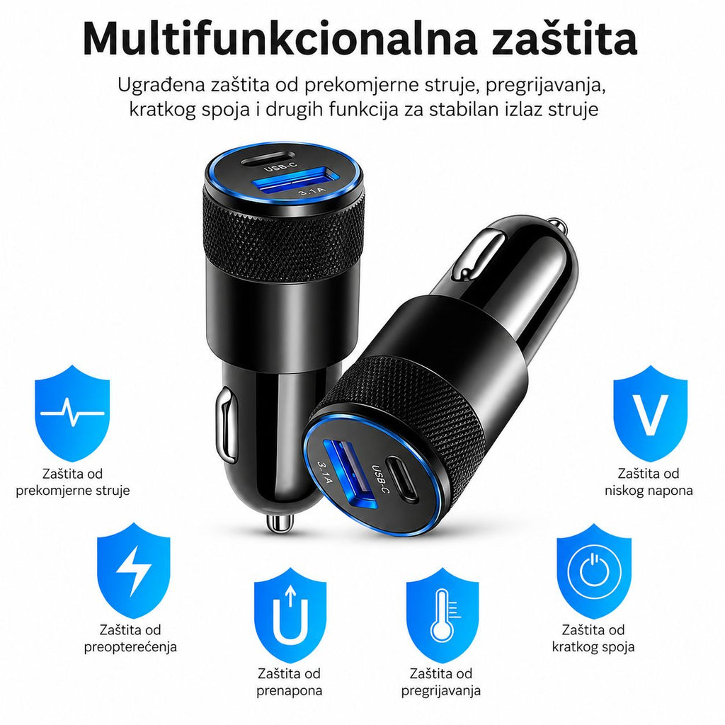 Brzi USB-C auto punjac 38W sa USB i USB-C prikljuckom crni informacije