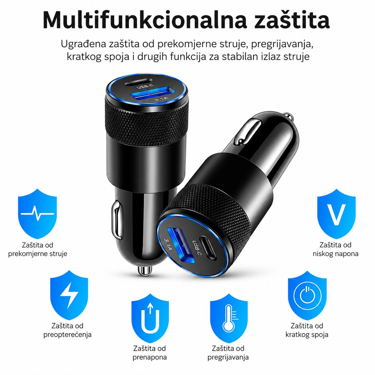 Brzi USB-C auto punjac 38W sa USB i USB-C prikljuckom crni informacije
