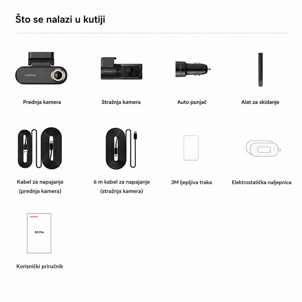 DDPAI N5 Dual Pro auto kamera s dvije kamere prednja i stražnja kamera za automobil sadrzaj pakiranja sto ses nalazi u kutiji