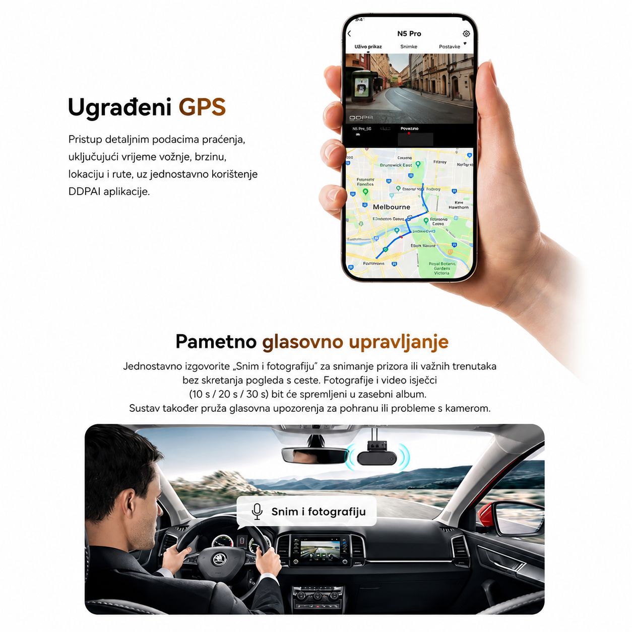 DDPAI N5 Dual Pro auto kamera s dvije kamere prednja i stražnja kamera za automobil ugradjen gps pametno glasovno upravljanje