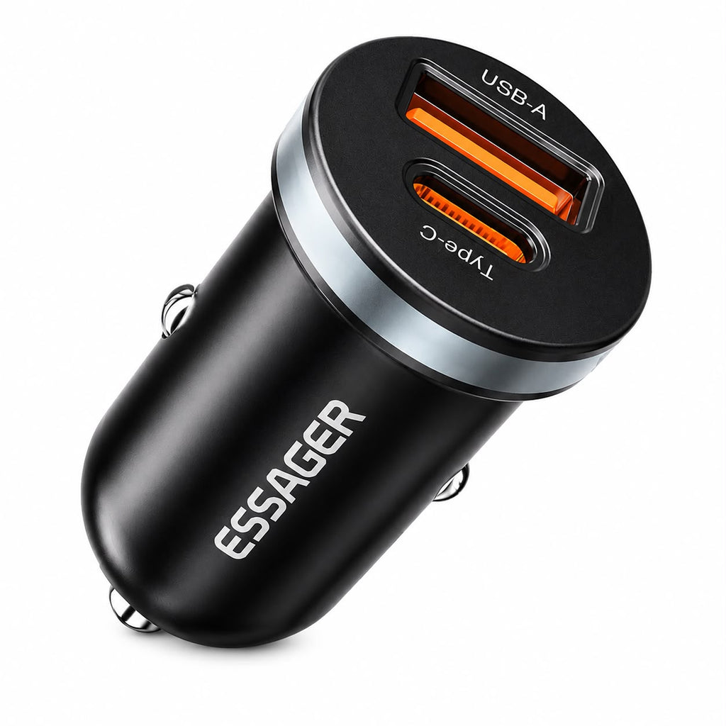 ESSAGER 30W USB-C i USB-A auto punjač crne boje
