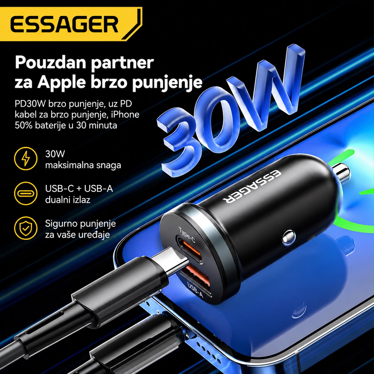 ESSAGER auto punjač s podrškom za PD 30W brzo punjenje