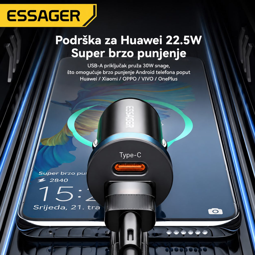 ESSAGER USB-C auto punjač za brzo punjenje Android uređaja