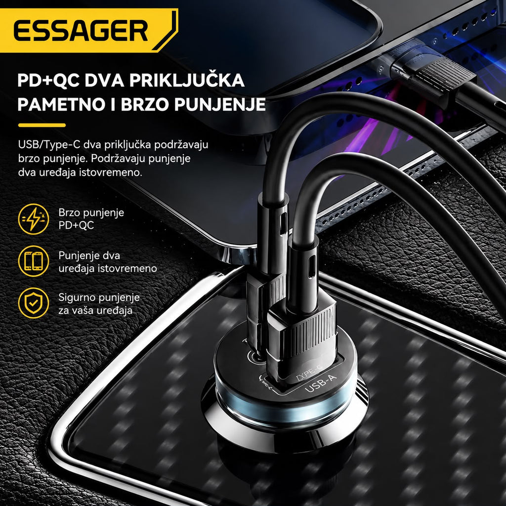 ESSAGER PD i QC auto punjač s dva priključka za istovremeno punjenje uređaja