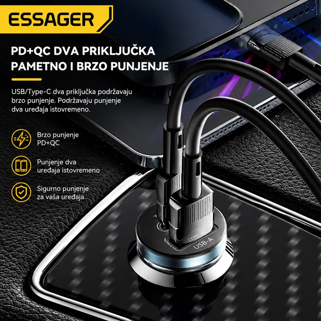 ESSAGER PD i QC auto punjač s dva priključka za istovremeno punjenje uređaja