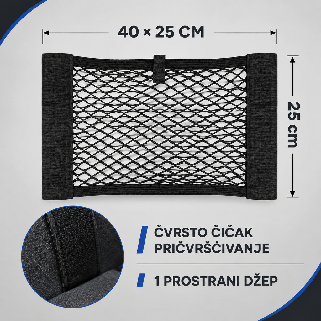 Mrežasti džep s čičkom postavljen u prtljažniku automobila