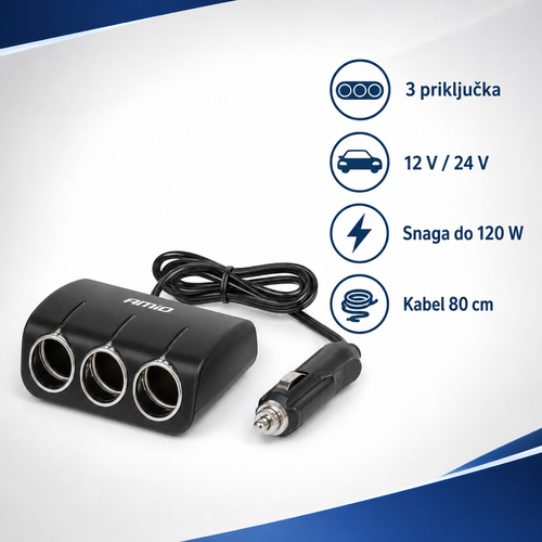 AMiO razdjelnik s tri utičnice, kabelom od 80 cm i snagom do 120 W