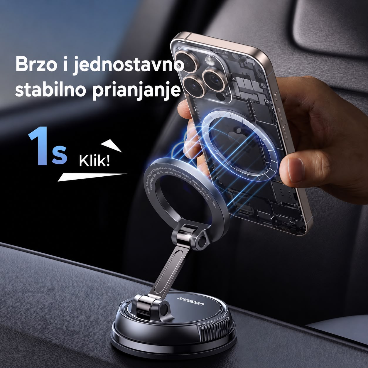 Ugreen magnetski držač za mobitel postavljen u unutrašnjost auta