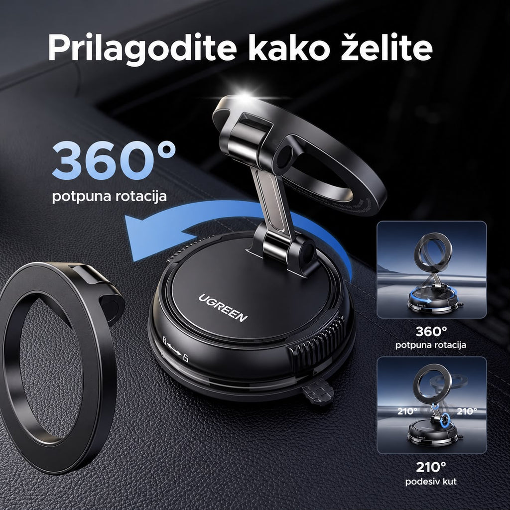 Ugreen magnetski držač za mobitel postavljen u unutrašnjost auta rotacija 360 prilagodite kako zelite podesiv kut