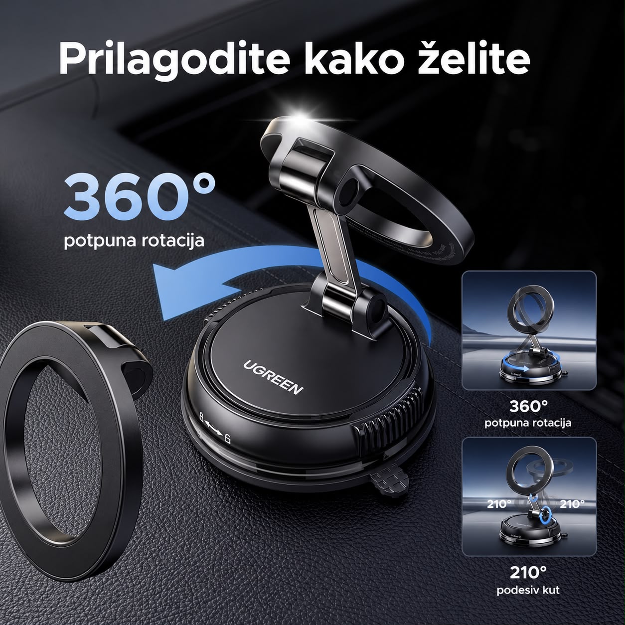 Ugreen magnetski držač za mobitel postavljen u unutrašnjost auta rotacija 360 prilagodite kako zelite podesiv kut