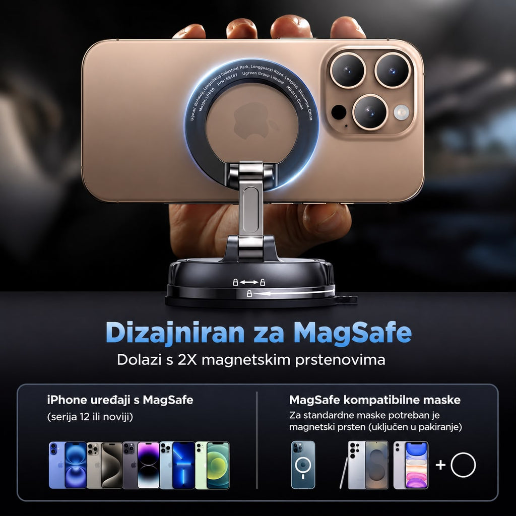 Ugreen magnetski držač za mobitel postavljen u unutrašnjost auta dizajniran za magsafe dolazi sa 2x magnetskim prstenovima
