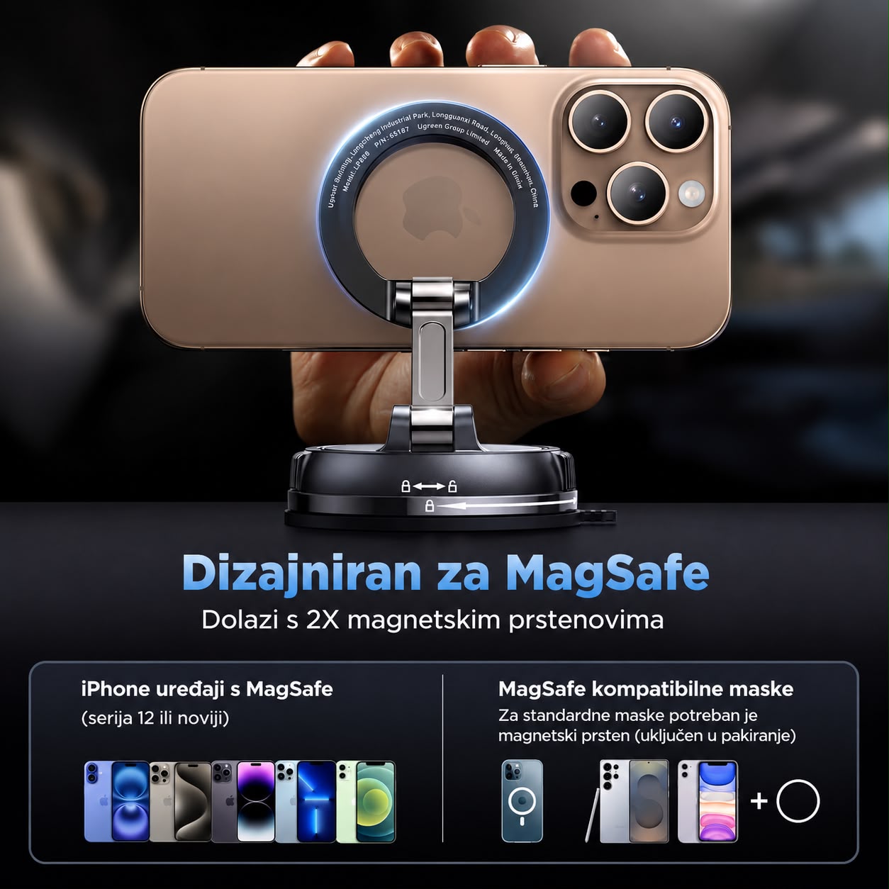 Ugreen magnetski držač za mobitel postavljen u unutrašnjost auta dizajniran za magsafe dolazi sa 2x magnetskim prstenovima