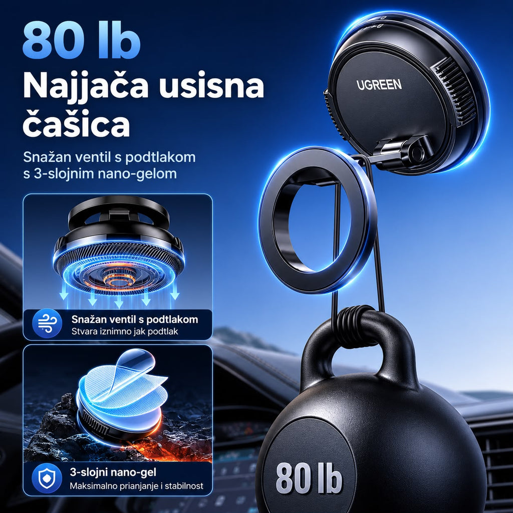 Ugreen magnetski držač za mobitel postavljen u unutrašnjost auta prikazuje tezinu koju nosi