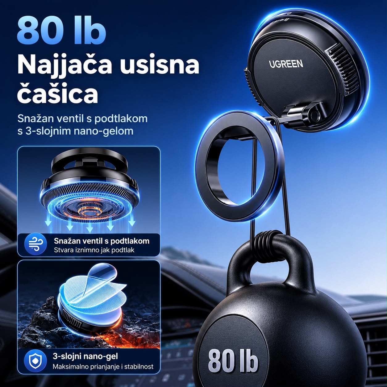 Ugreen magnetski držač za mobitel postavljen u unutrašnjost auta prikazuje tezinu koju nosi