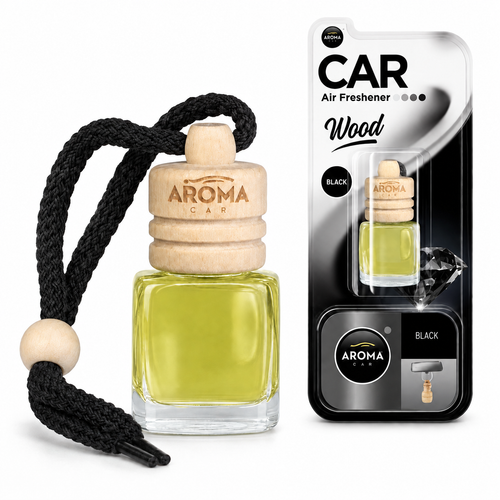 Aroma Car Wood Black miris za automobil s drvenim čepom i prikazom značajki proizvoda
