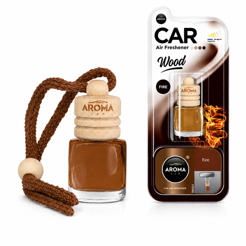 Aroma Car Wood Fire miris za automobil s drvenim čepom i prikazom značajki proizvoda
