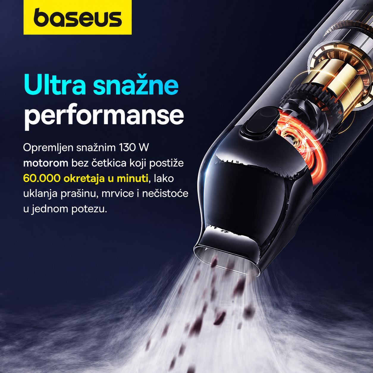 Baseus A5 bezicni rucni usisavac za automobil snage 16000Pa 60.000 okretaja u minuti ultra snazne performanse
