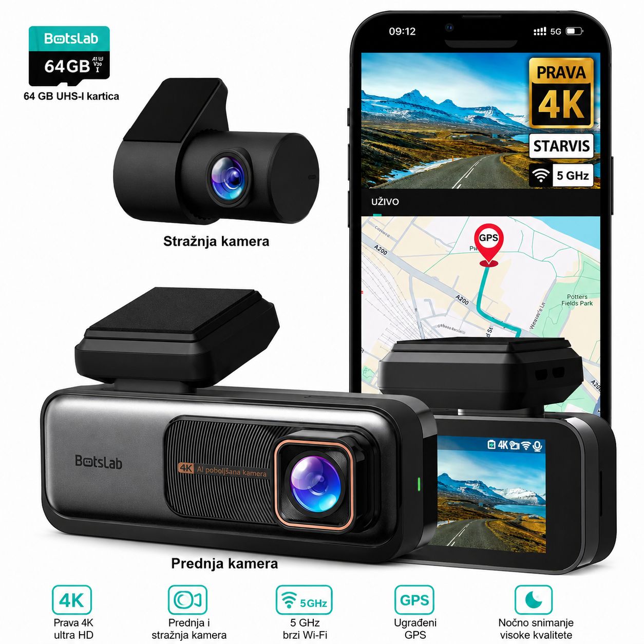 Botslab G980H PRO 4K GPS dash kamera s prednjom i straznjom kamerom za auto