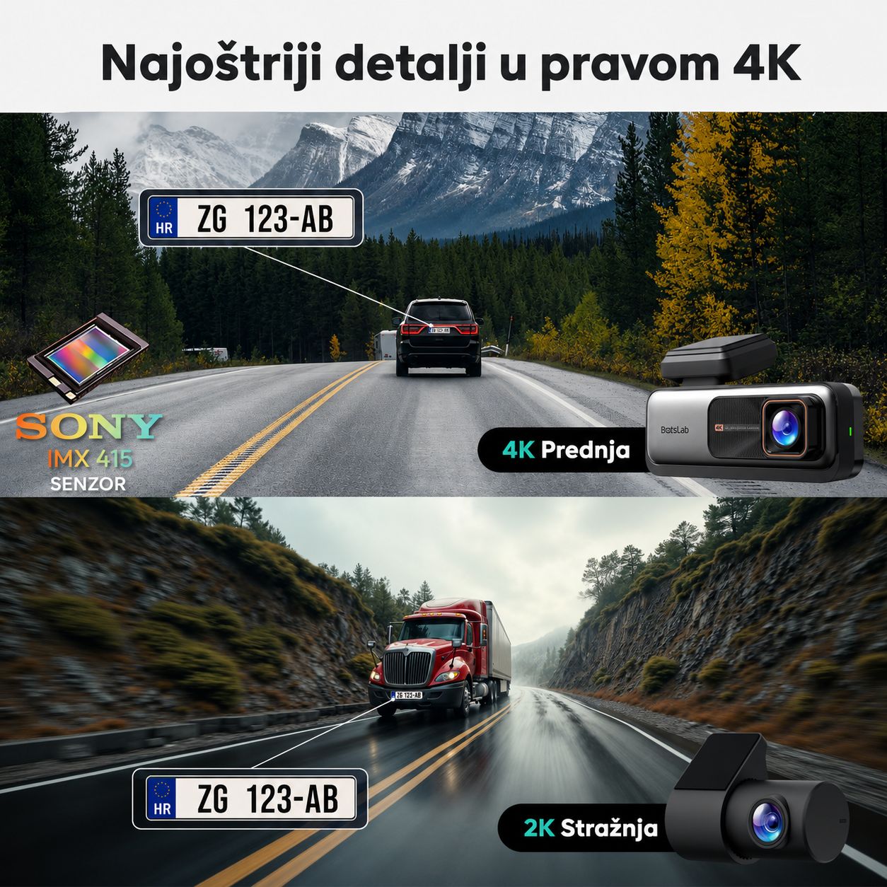 Botslab G980H PRO 4K GPS dash kamera s prednjom i straznjom kamerom za auto najostriji detalji u pravom 4k 