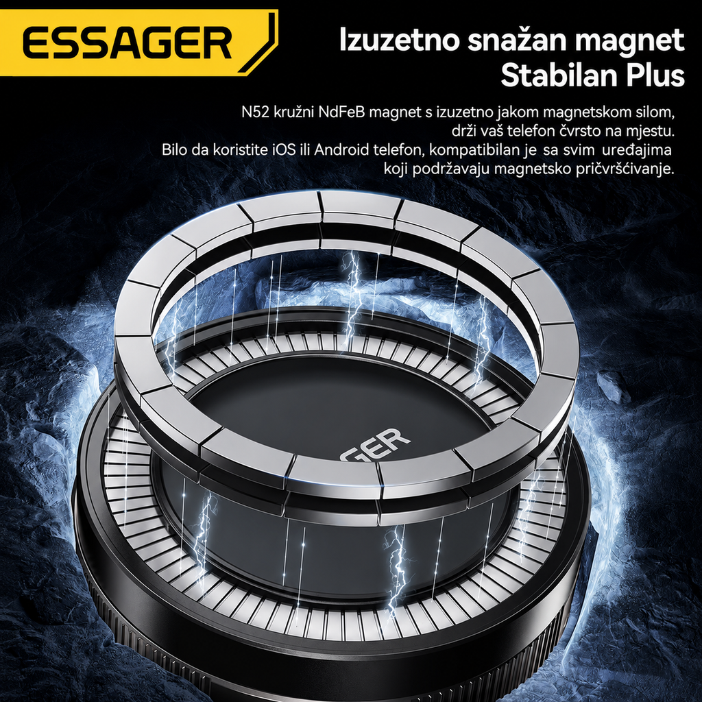 ESSAGER MagSafe držač s N52 neodimijskim magnetima za sigurno držanje telefona.