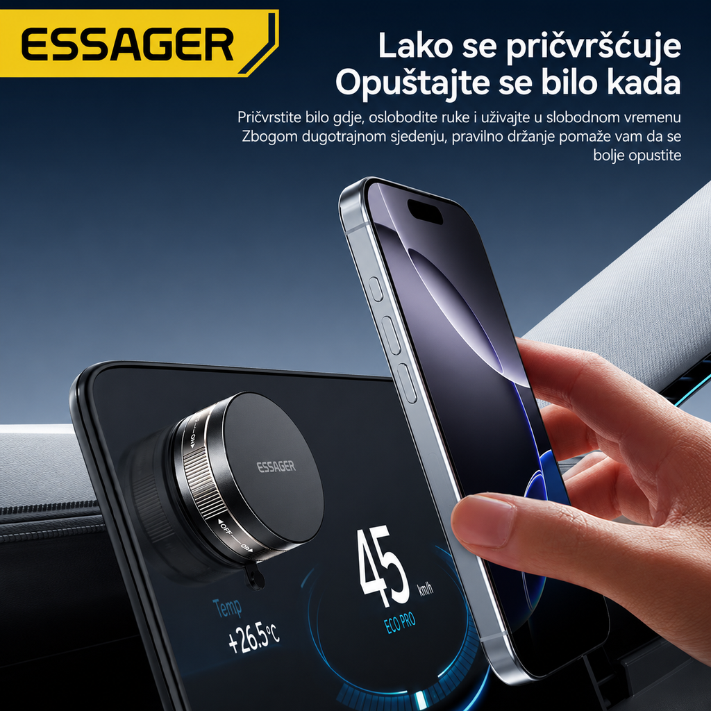 ESSAGER magnetski držač za mobitel u automobilu za sigurnu navigaciju tijekom vožnje.