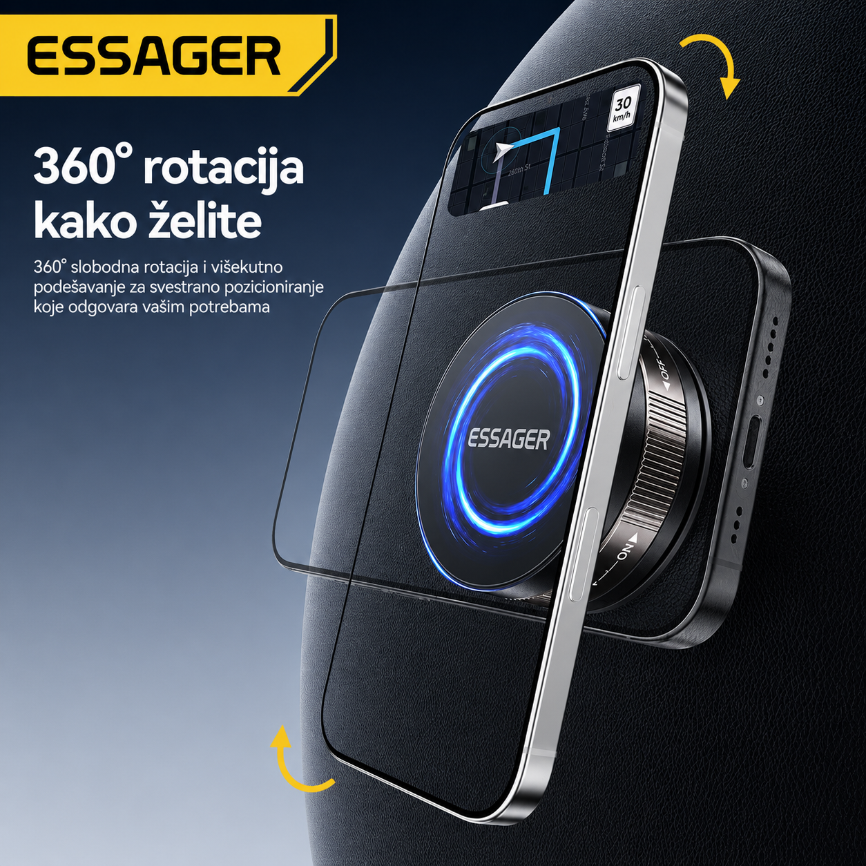 ESSAGER MagSafe držač s potpunom 360° rotacijom za idealan kut gledanja.